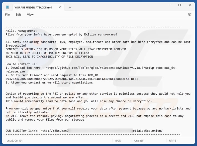 File della nota di riscatto del ransomware Exitium (YOU ARE UNDER ATTACK!.html)