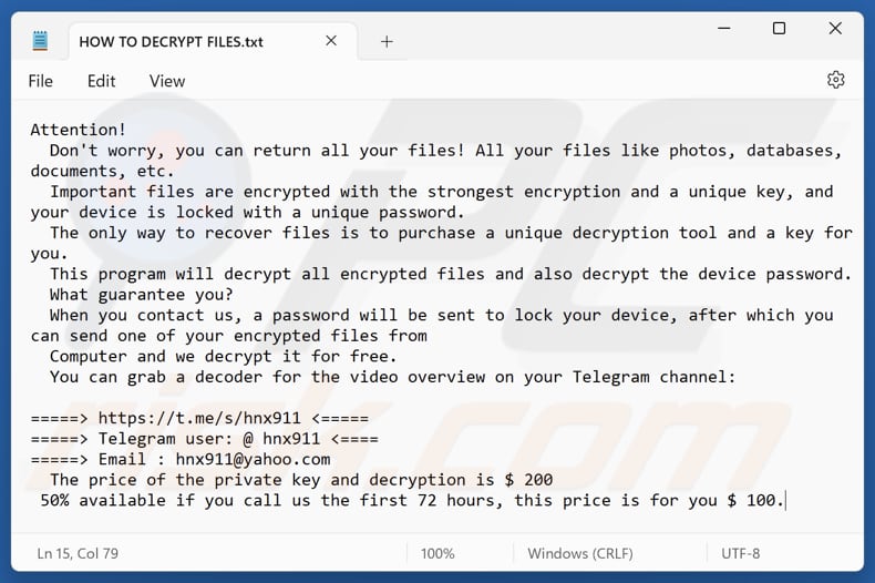 File di testo del ransomware Hnx911 (HOW TO DECRYPT FILES.txt)