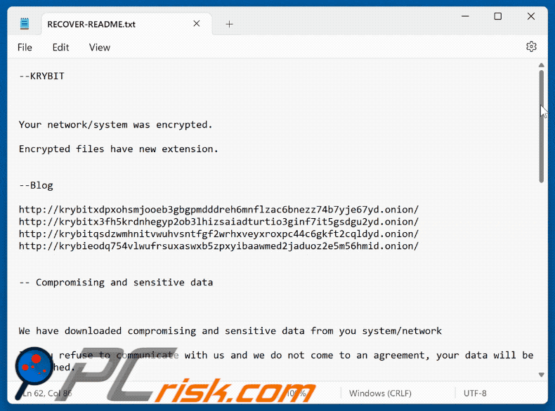 File di testo del ransomware KRYBIT (RECOVER-README.txt)