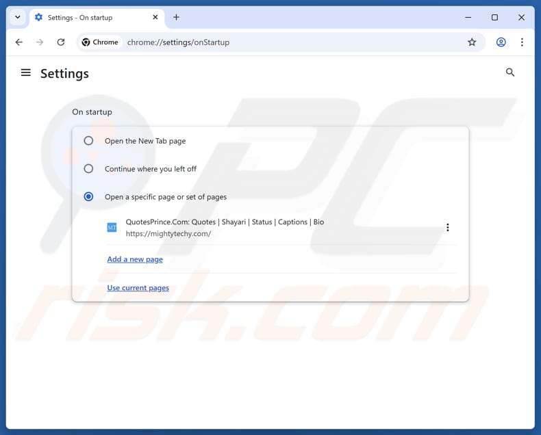 Rimozione di mightytechy.com dalla pagina iniziale di Google Chrome