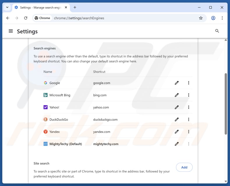 Rimozione di mightytechy.com dal motore di ricerca predefinito di Google Chrome