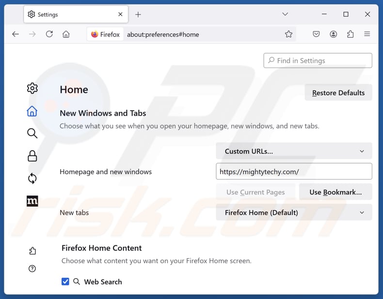 Rimozione di mightytechy.com dalla pagina iniziale di Mozilla Firefox