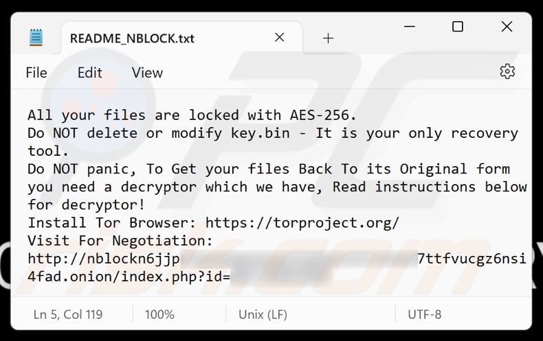 File di testo del ransomware NBLock (README_NBLOCK.txt)