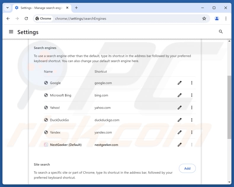 Rimozione di nextgeeker.com dal motore di ricerca predefinito di Google Chrome