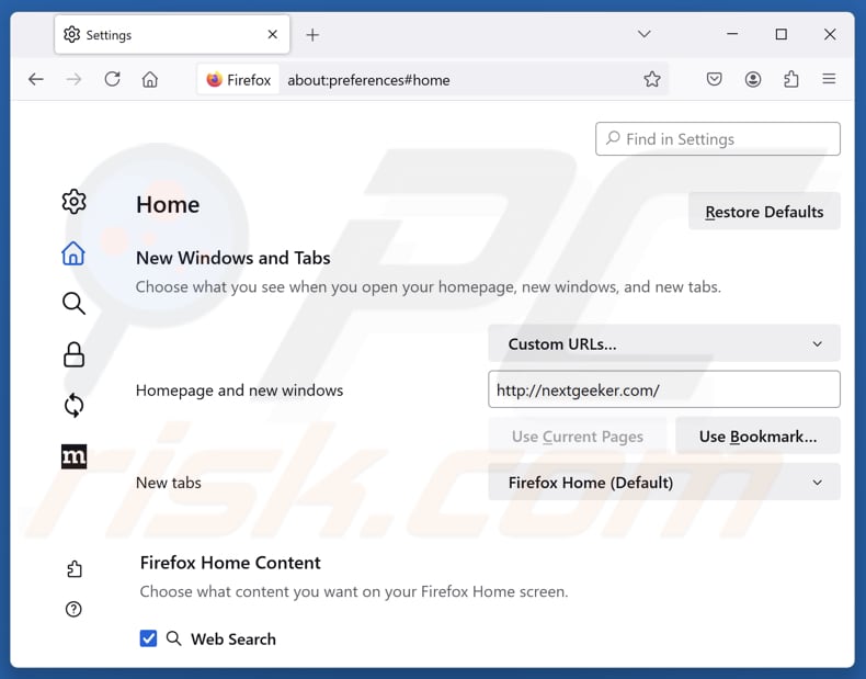 Rimozione di nextgeeker.com dalla pagina iniziale di Mozilla Firefox
