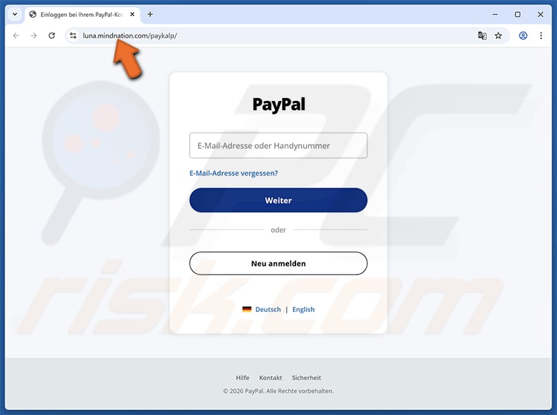Pagina falsa della truffa via email PayPal - Access From A New Device