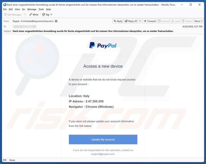 Campagna di spam via email PayPal - Access From A New Device