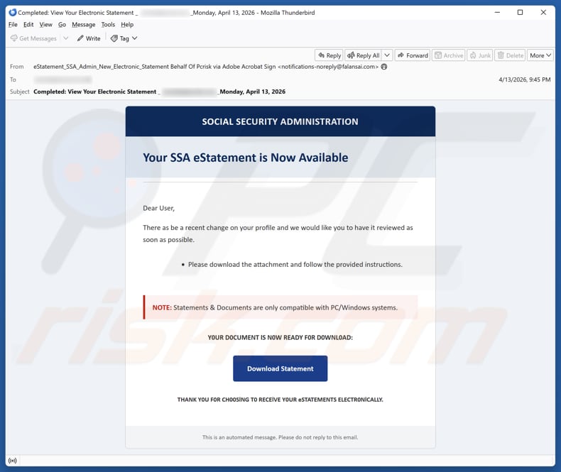 Campagna di spam via email Social Security Administration (SSA) eStatement
