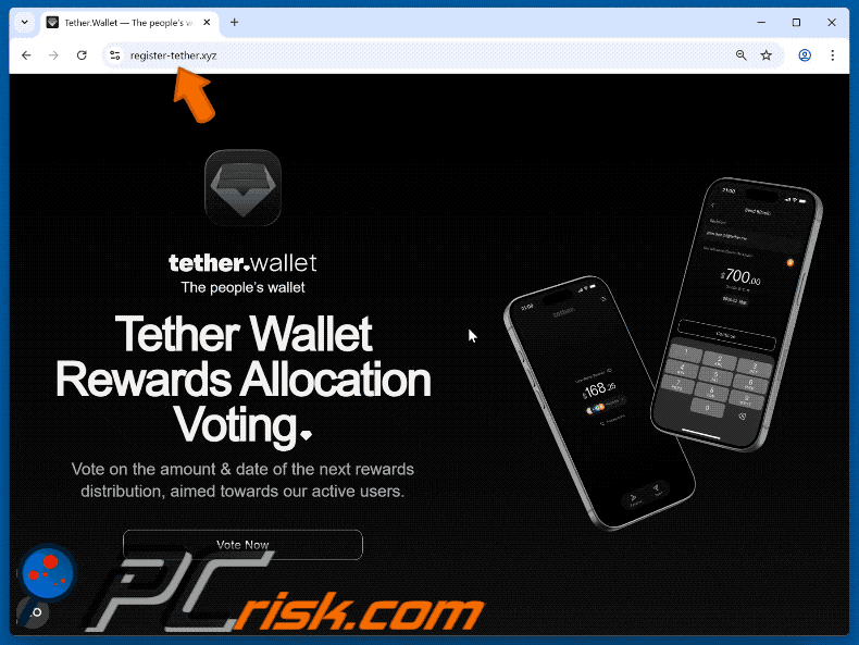 Aspetto della truffa Tether Wallet Voting Rewards Scam