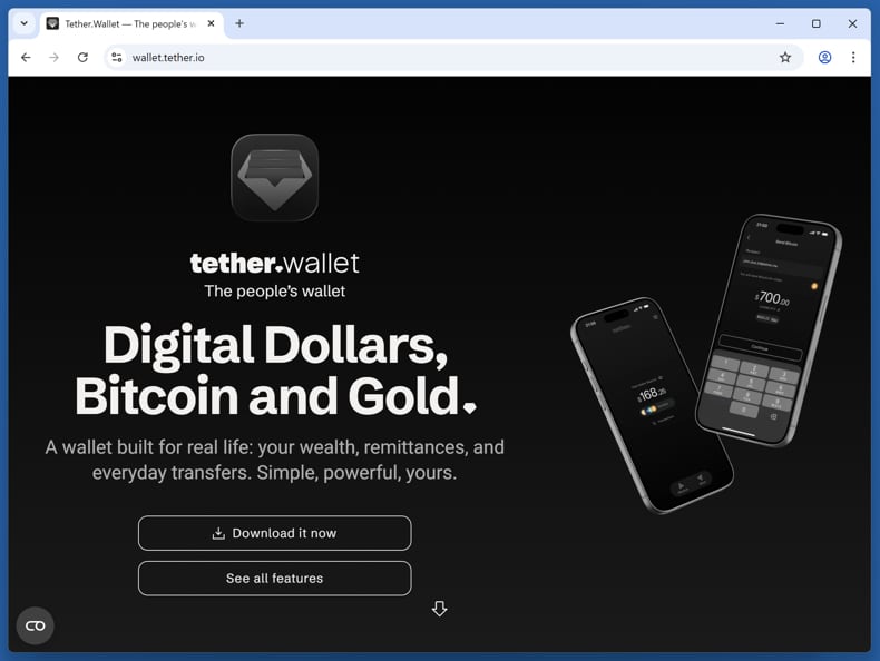 Truffa Tether Wallet Voting Rewards Scam sito web reale wallet (tether.io)