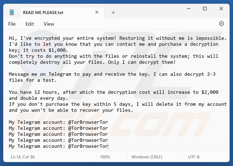 File di testo del ransomware TorBrowserTor (READ ME PLEASE.txt)