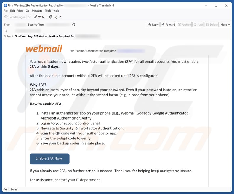 Campagna di spam via email Webmail - Two-Factor Authentication (2FA)