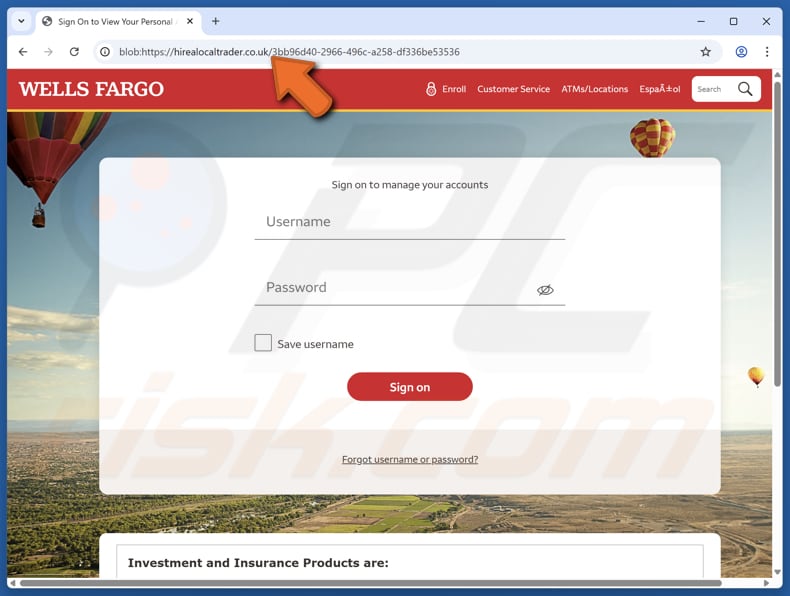 Sito falso della truffa via email Wells Fargo Credit/Refund