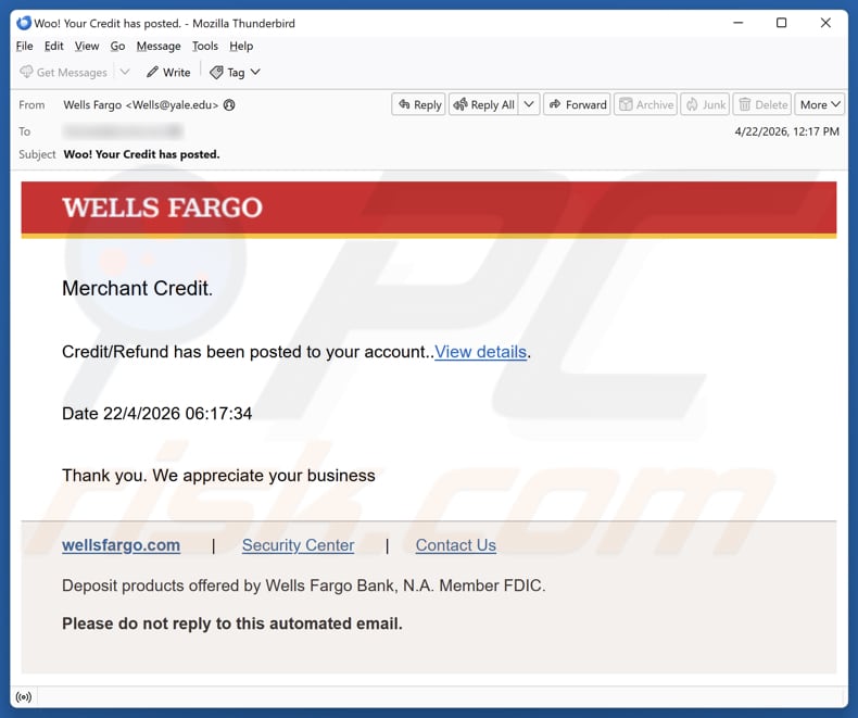 Campagna di spam via email Wells Fargo Credit/Refund