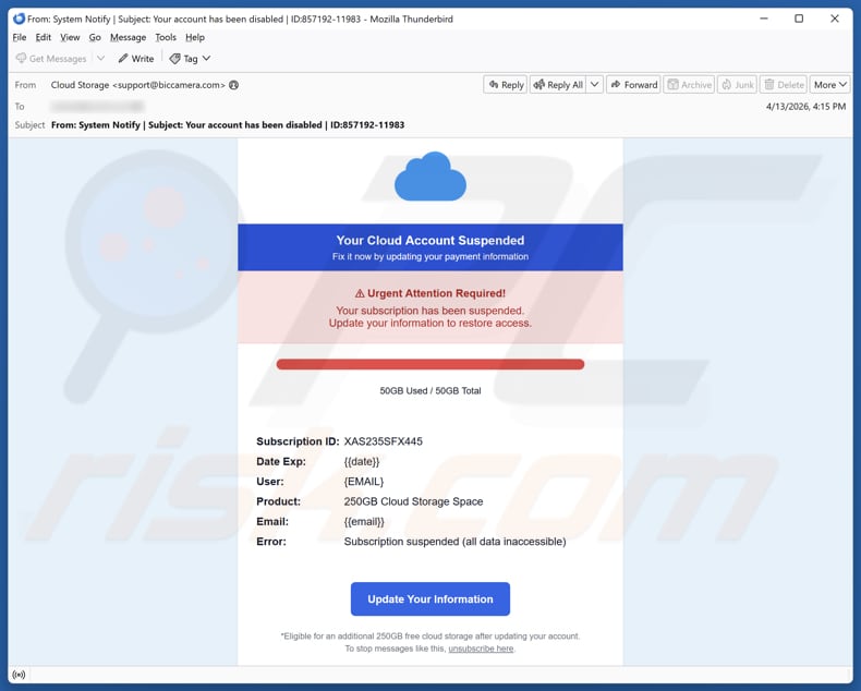Campagna di spam via email Your Cloud Account Suspended
