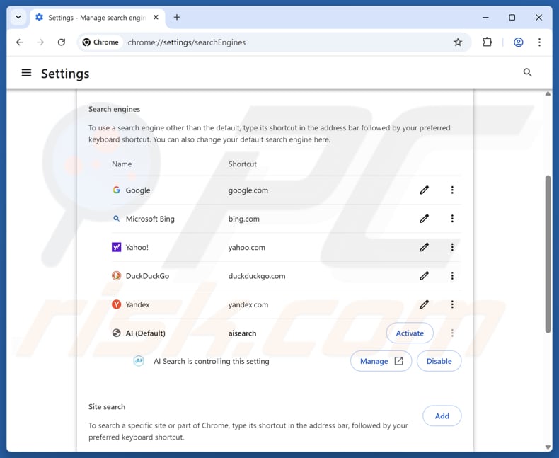 Rimozione di aisearchapp.net dal motore di ricerca predefinito di Google Chrome