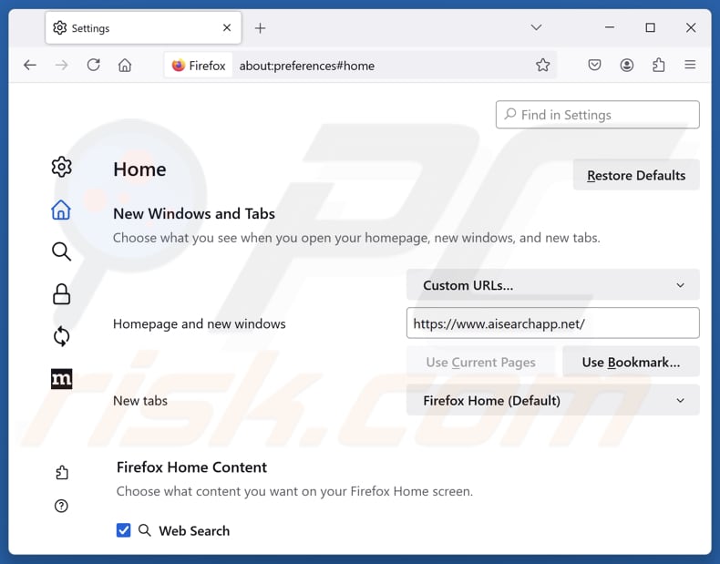 Rimozione di aisearchapp.net dalla pagina iniziale di Mozilla Firefox