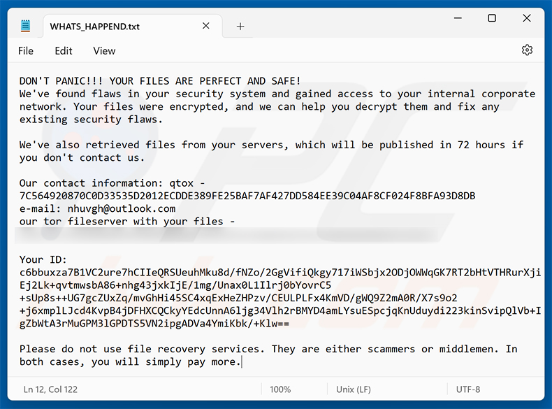 Nota di riscatto del ransomware BAVACAI (WHATS_HAPPEND.txt)