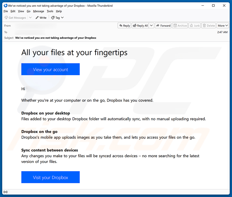 Campagna di spam della truffa via email Dropbox Service Usage Reminder