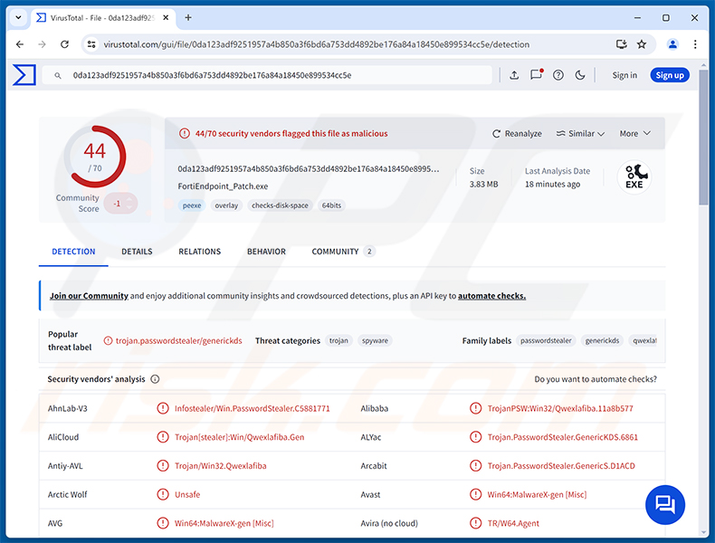 Rilevamenti del malware EKZ Stealer su VirusTotal
