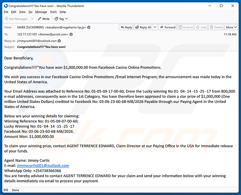 Campagna email spam Facebook Casino Online Promotions