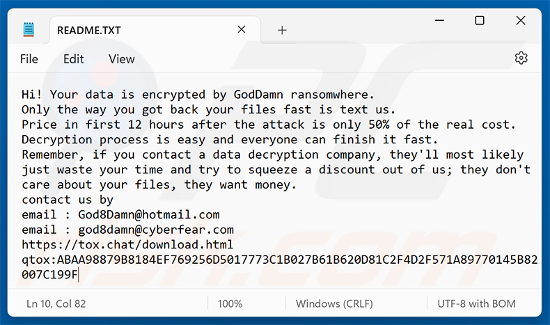 Nota di riscatto del ransomware GodDamn (README.TXT)