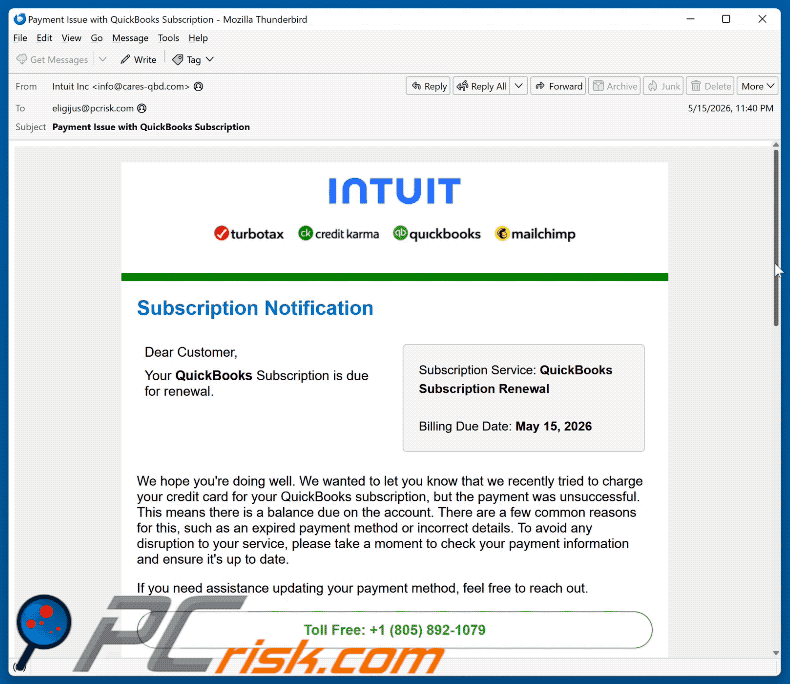 Email truffa Intuit QuickBooks Subscription Is Due For Renewal (GIF)