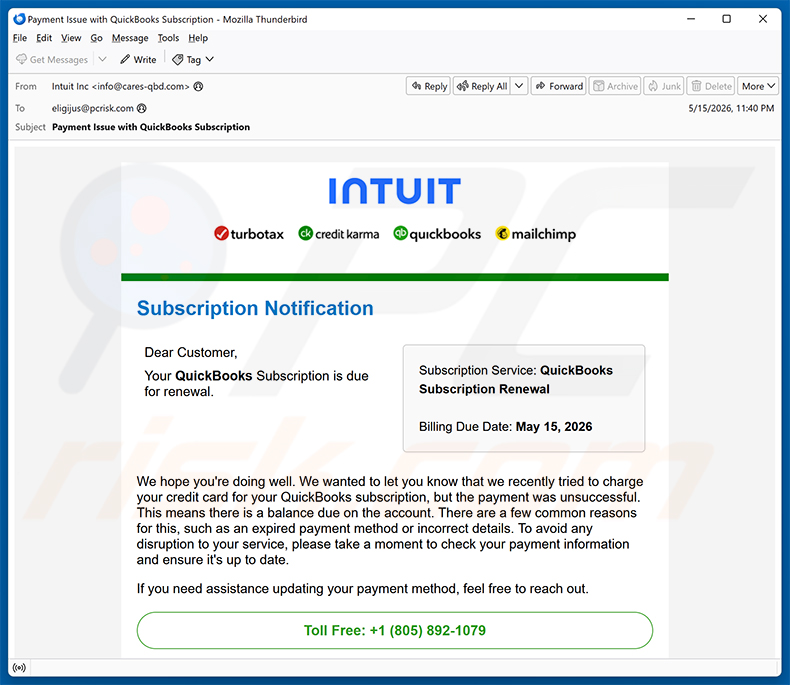 Campagna di spam via email Intuit QuickBooks Subscription Is Due For Renewal