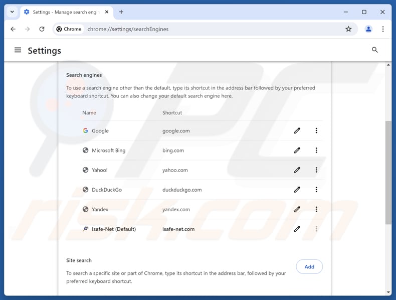 Rimozione di isafe-net.com dal motore di ricerca predefinito di Google Chrome