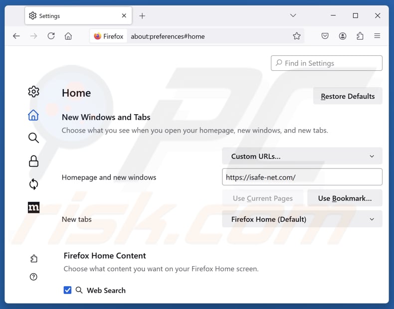 Rimozione di isafe-net.com dalla pagina iniziale di Mozilla Firefox