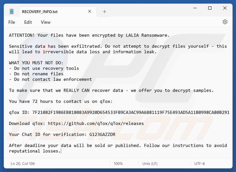 File di testo del ransomware Lalia (RECOVERY_INFO.txt)