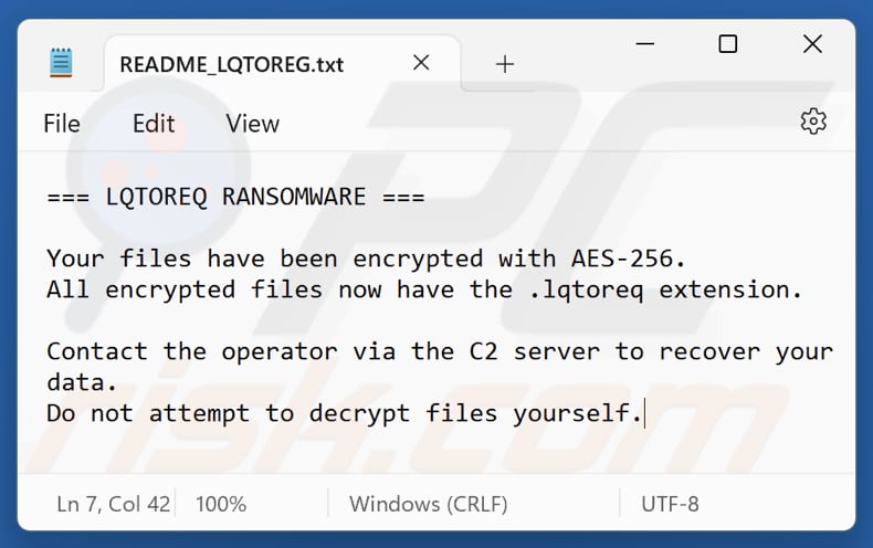 File di testo del ransomware LQTOREQ (README_LQTOREG.txt)