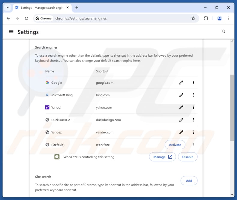 Rimozione di myworkfaze.com dal motore di ricerca predefinito di Google Chrome