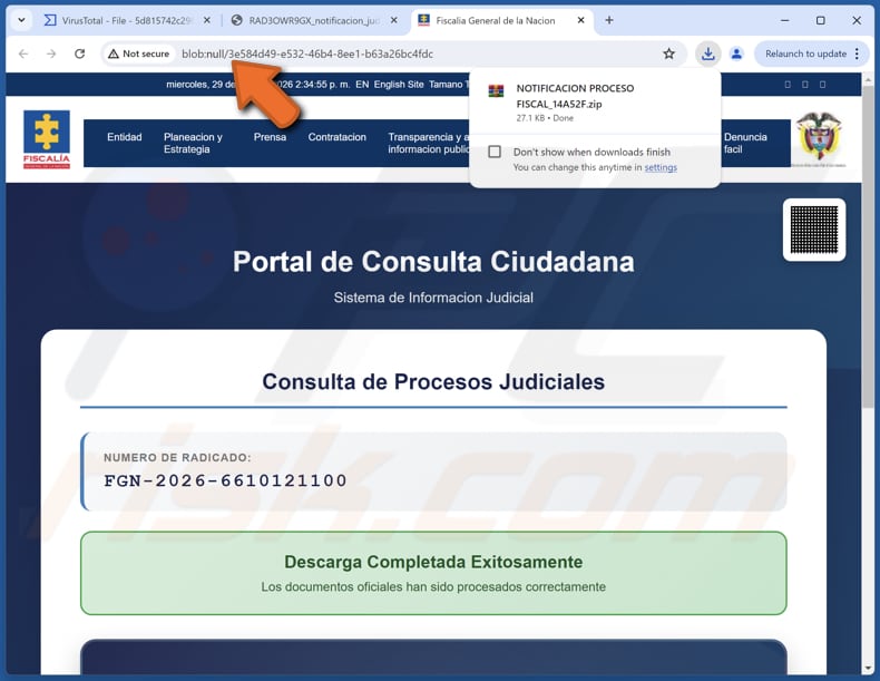 URL blob del malware NexusRAT aperto tramite allegato