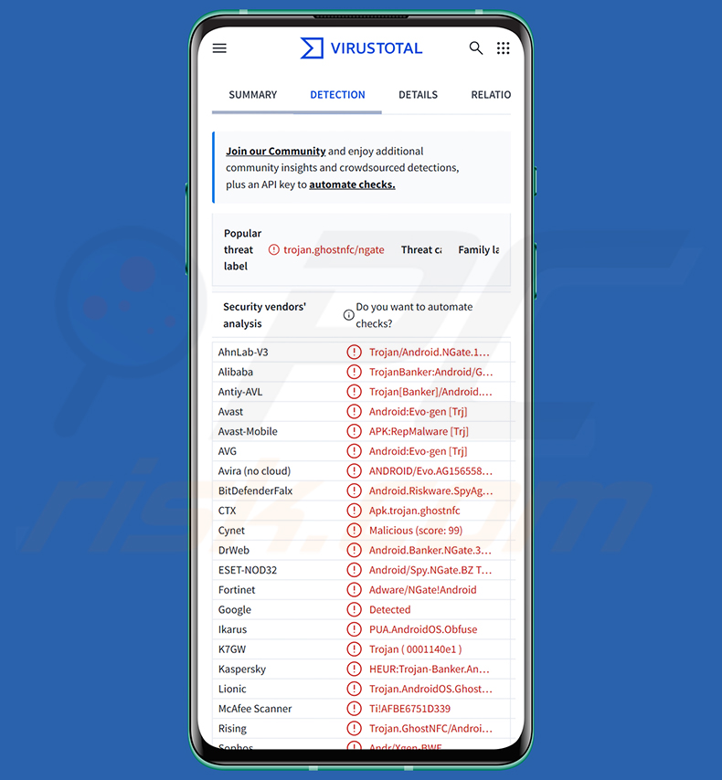 PhantomCard NFCShare trojan bancario schermata falsa di verifica carta NFC