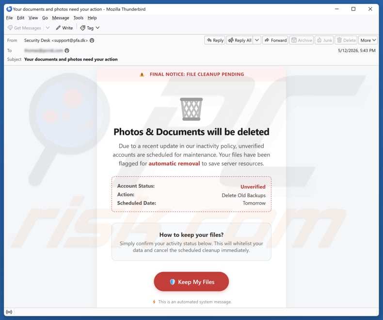 Campagna di spam via email Photos & Documents Will Be Deleted