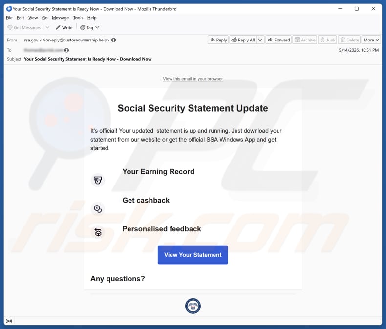 Campagna di spam via email Social Security Statement Update