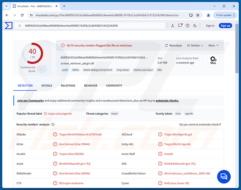 Rilevamenti del malware TCLBanker su VirusTotal