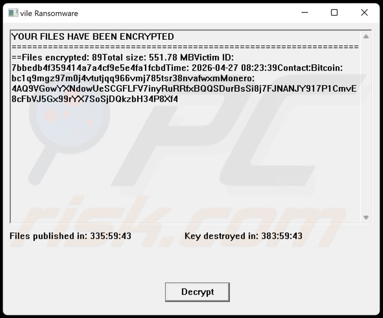 Messaggio pop-up del ransomware Vile