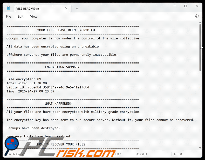 File di testo del ransomware Vile (VILE_README.txt)