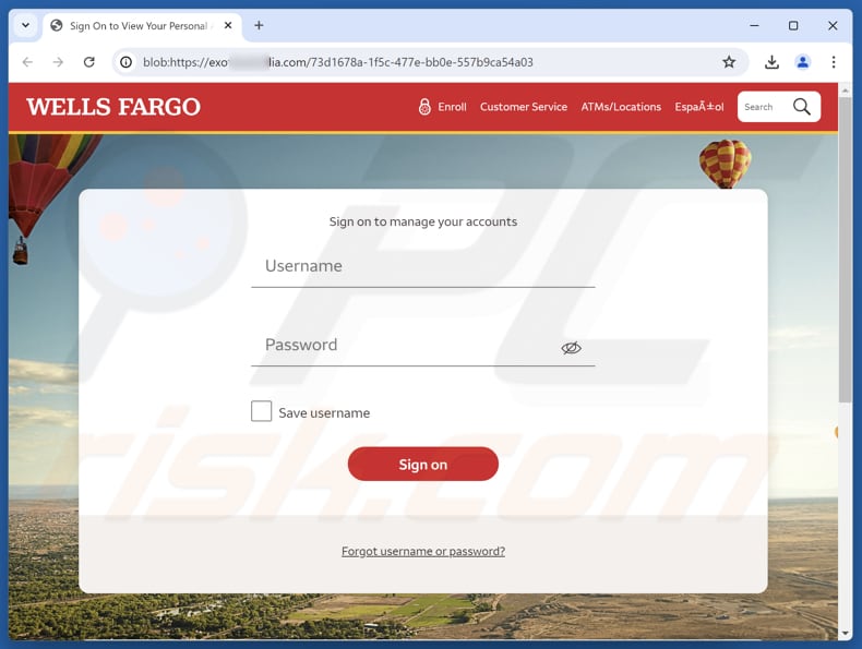 Sito web falso della truffa via email Wells Fargo - Unauthorized Charges