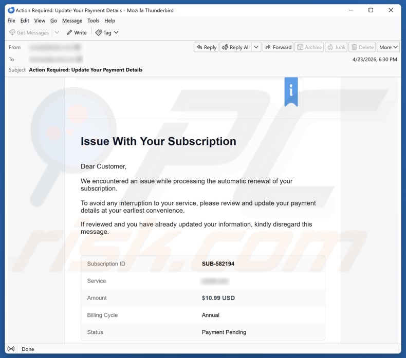 Campagna di spam via email Wix Subscription Renewal
