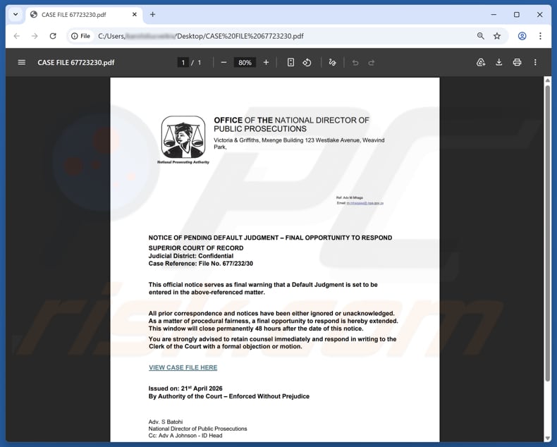 Allegato della truffa via email You Have Been Served With A Court Letter