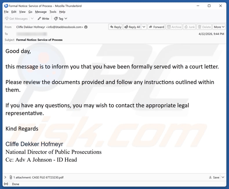 Campagna di spam via email You Have Been Served With A Court Letter
