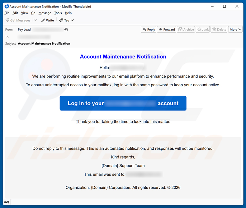 Campagna di spam via email Account Maintenance Notification