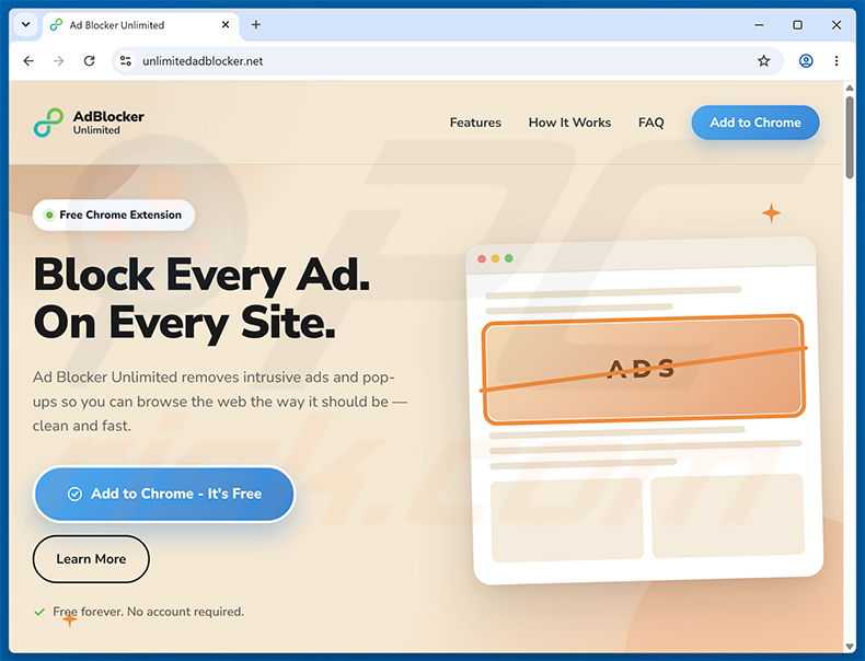 Sito web che promuove l'estensione Ad Blocker Unlimited (esempio 1)
