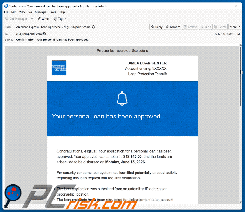 Email truffa American Express - Personal Loan Approved (GIF)