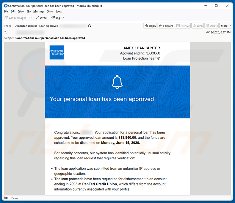 Campagna di spam via email American Express - Personal Loan Approved