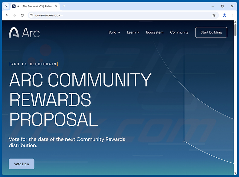 Sito web della truffa Arc Community Rewards (governance-arc[.]com)