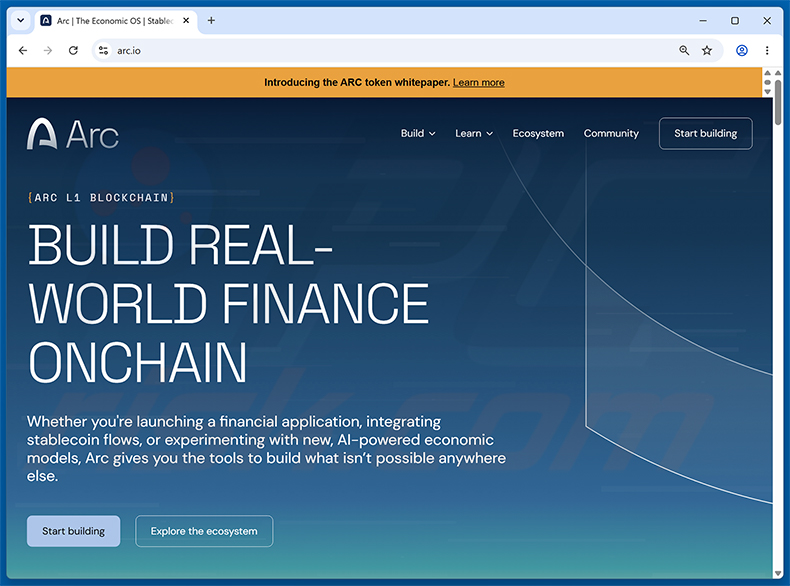 Sito web reale di Arc Community Rewards Scam (arc.io)